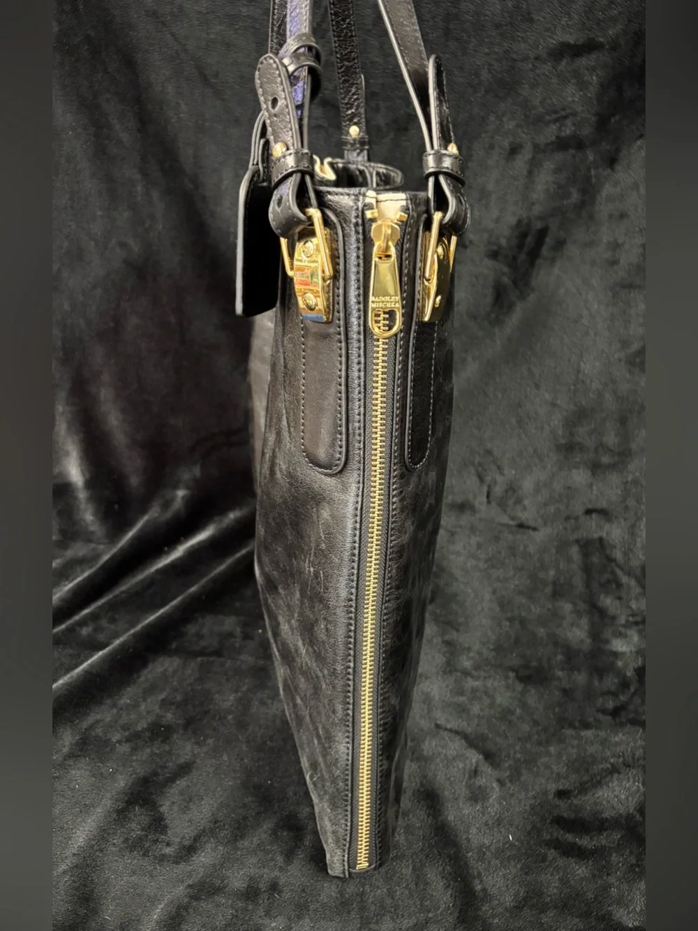 Badgley Mischka Black Genuine Leather Expandable Tote Shoulder Bag